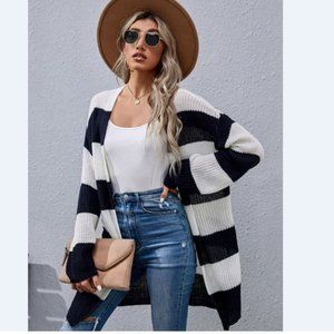 Striped Open Front Rib-Knit Longline Cardigan